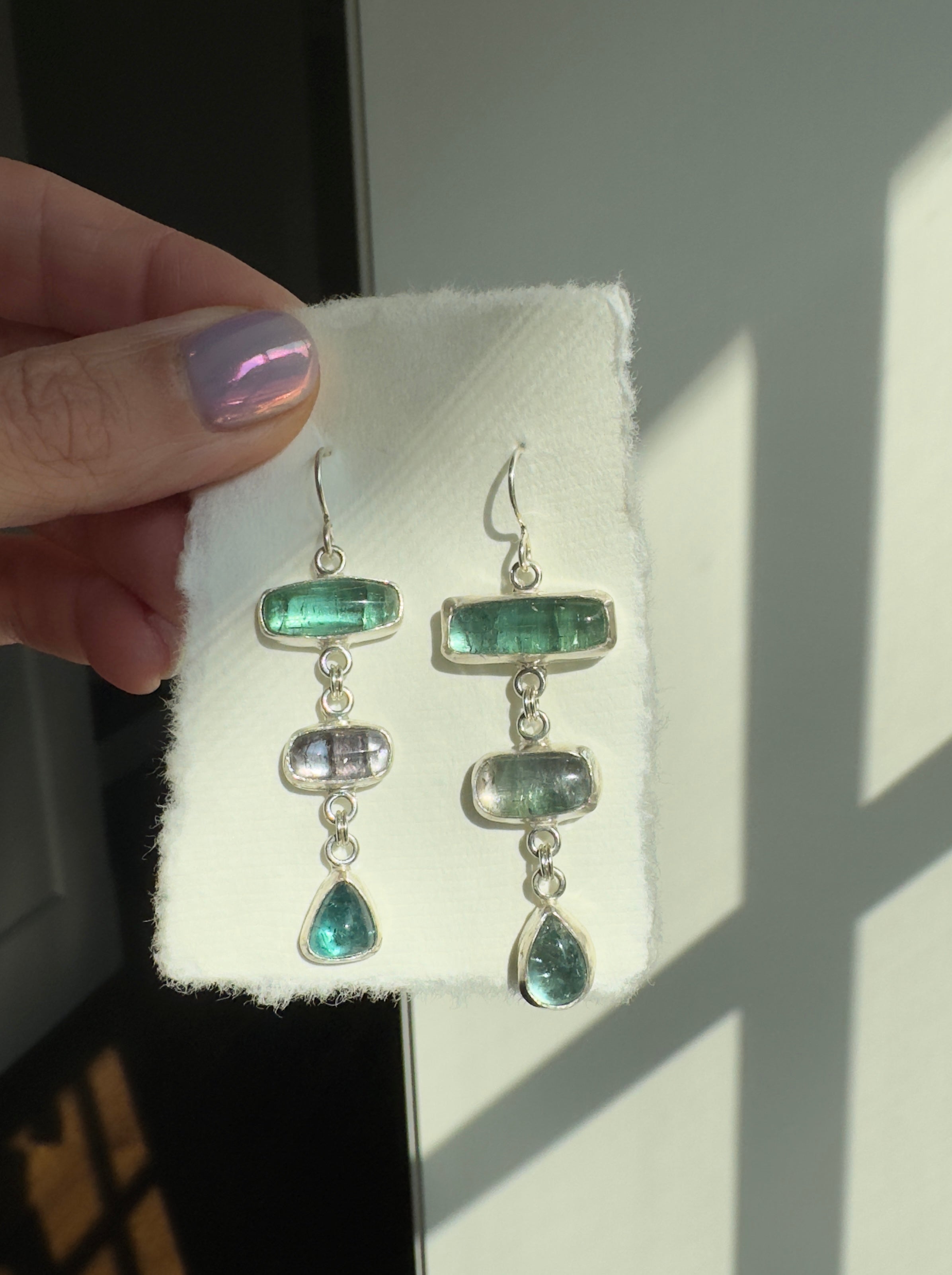 Blue, green, and purple tourmaline dangly earrings with sterling silver