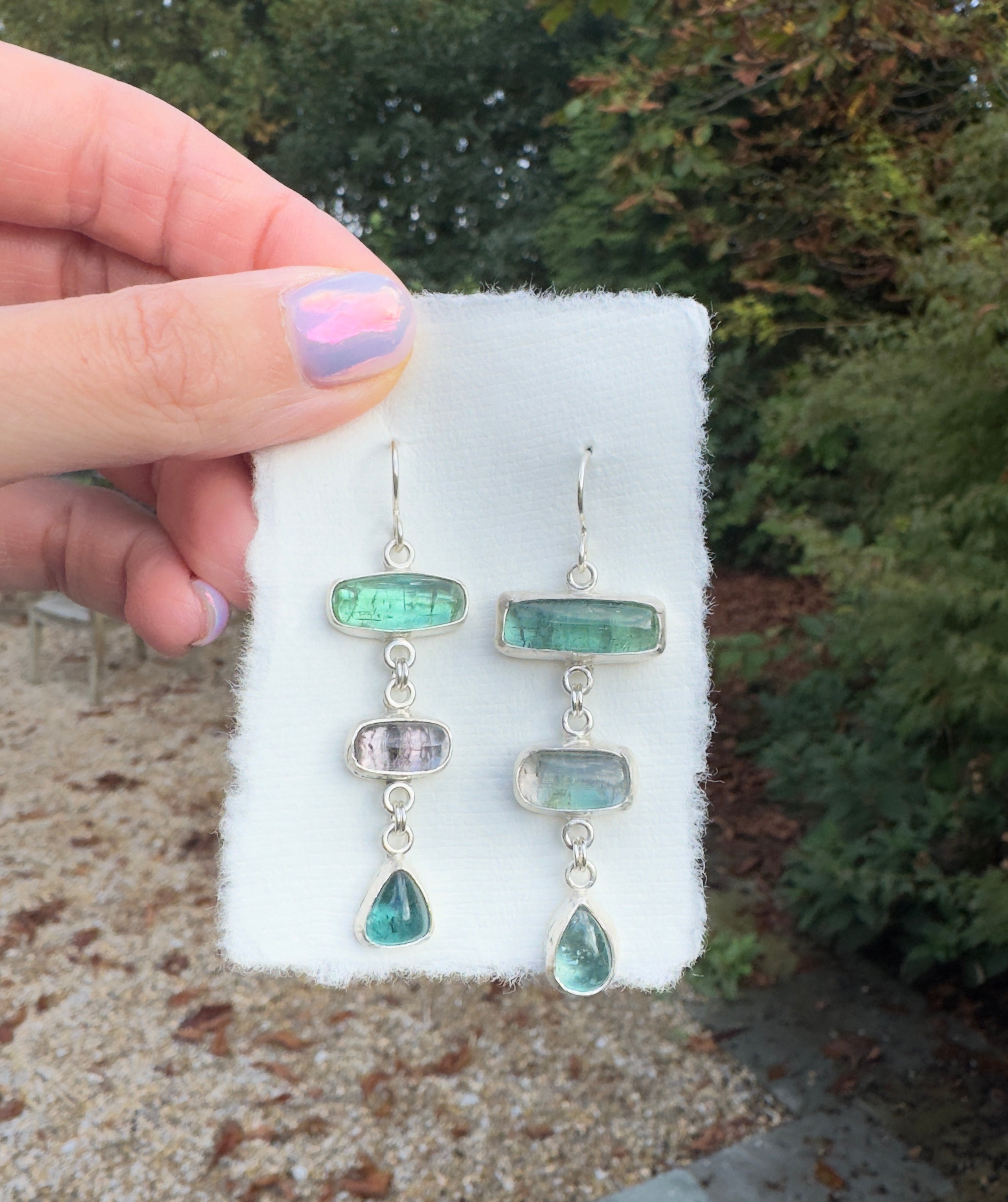Blue, green, and purple tourmaline dangly earrings with sterling silver