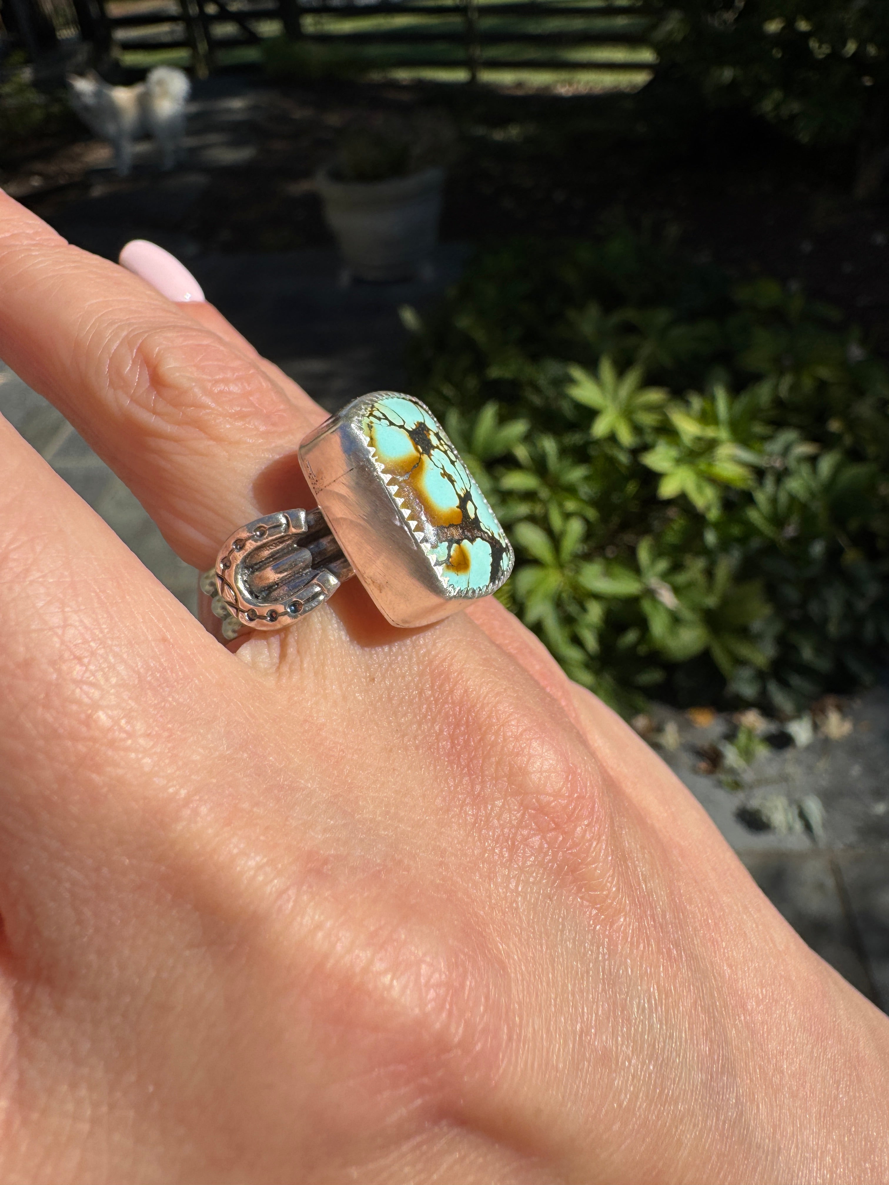 Americana ring. Southwest style turquoise with sterling silver horseshoe. Western rodeo cowboy style jewelry